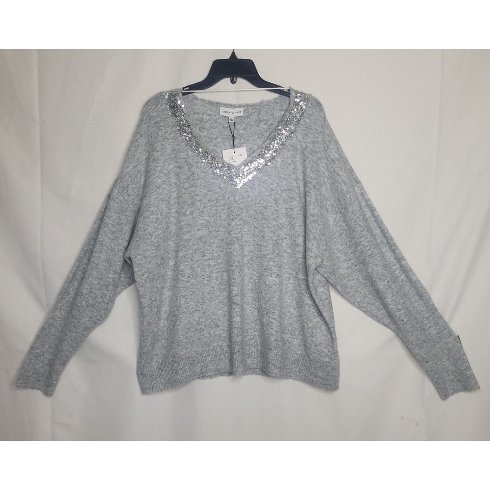 Gibson Latimer Womens Sequin V-Neck Sweater Heather Grey Wool Blend G7165Y86 L